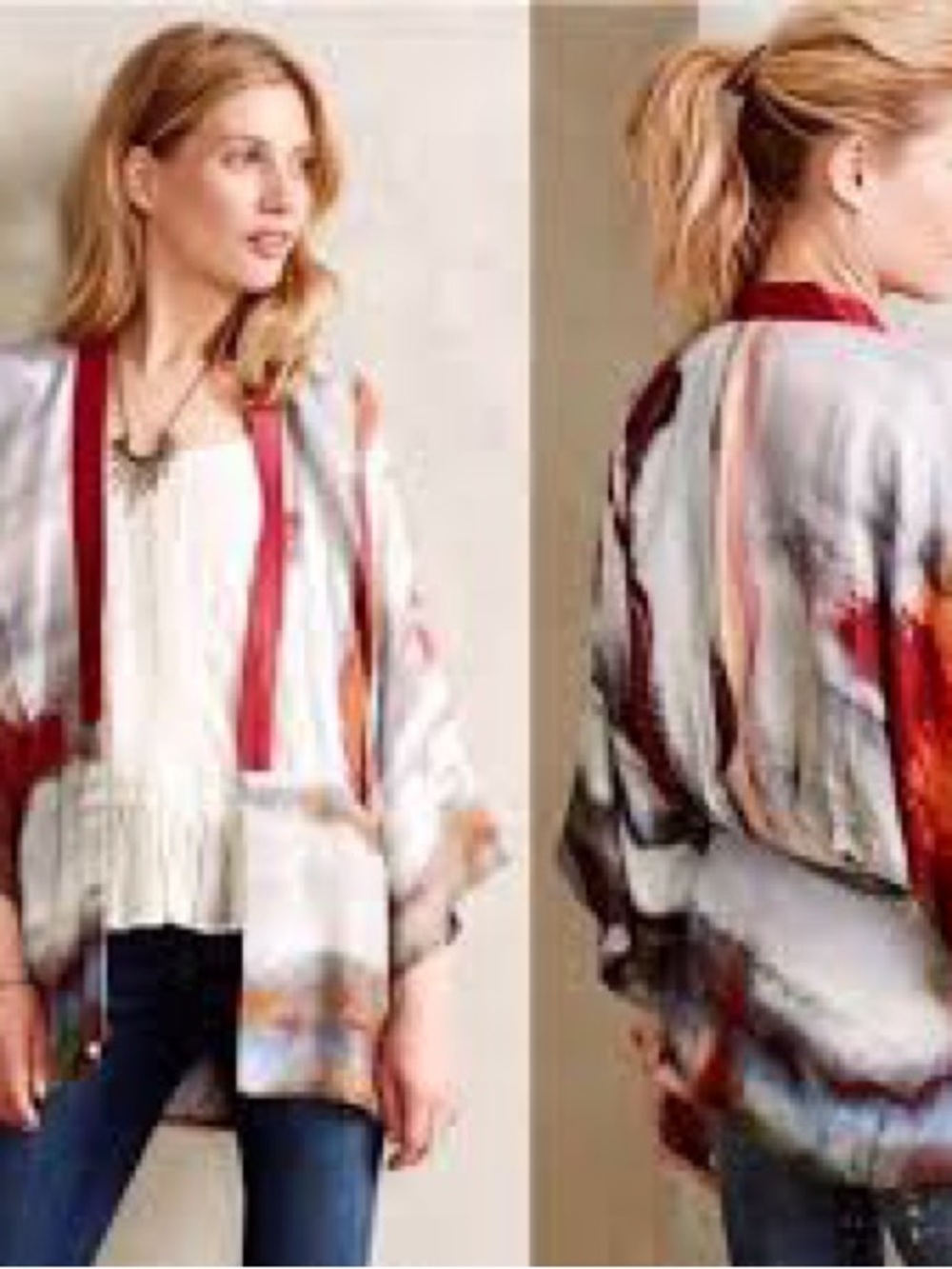 Lightweight Abstract Print Open-Front Women's Sweater - Red Accents